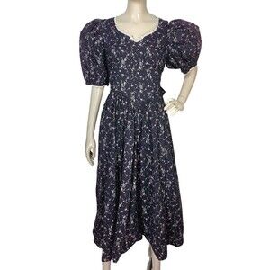 Vintage 80s Rare Black Cottagecore Prairie Floral Puff Sleeve Tie-Back Dress